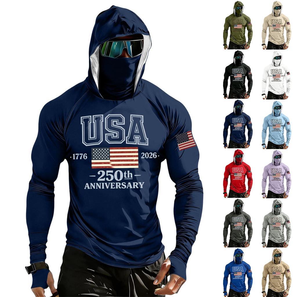 Men's Casual Raglan Sleeve Hooded Long Sleeve Sun Protection Shirt USA 250th Anniversary Graphic Lightweight Performance Top