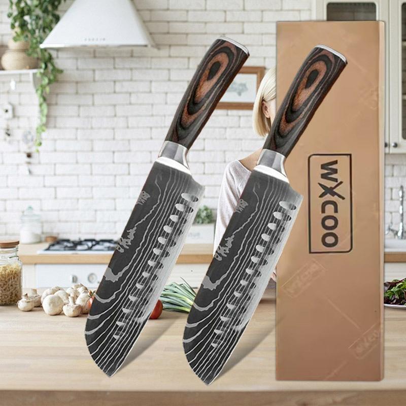 WXCOO Stainless Steel Kitchen Knife Vegetable Fruit Knife Boning Slicing Knife Japanese Fish Santoku Wooden Handle