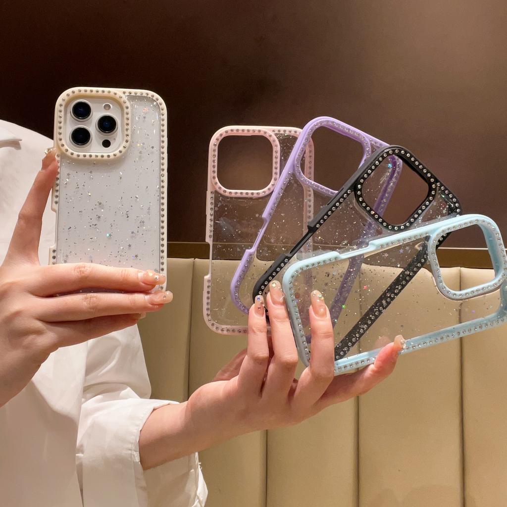 For iPhone 16 Pro Case Rhinestone Frame Star Glitter Epoxy Design TPU+PC Phone Cover