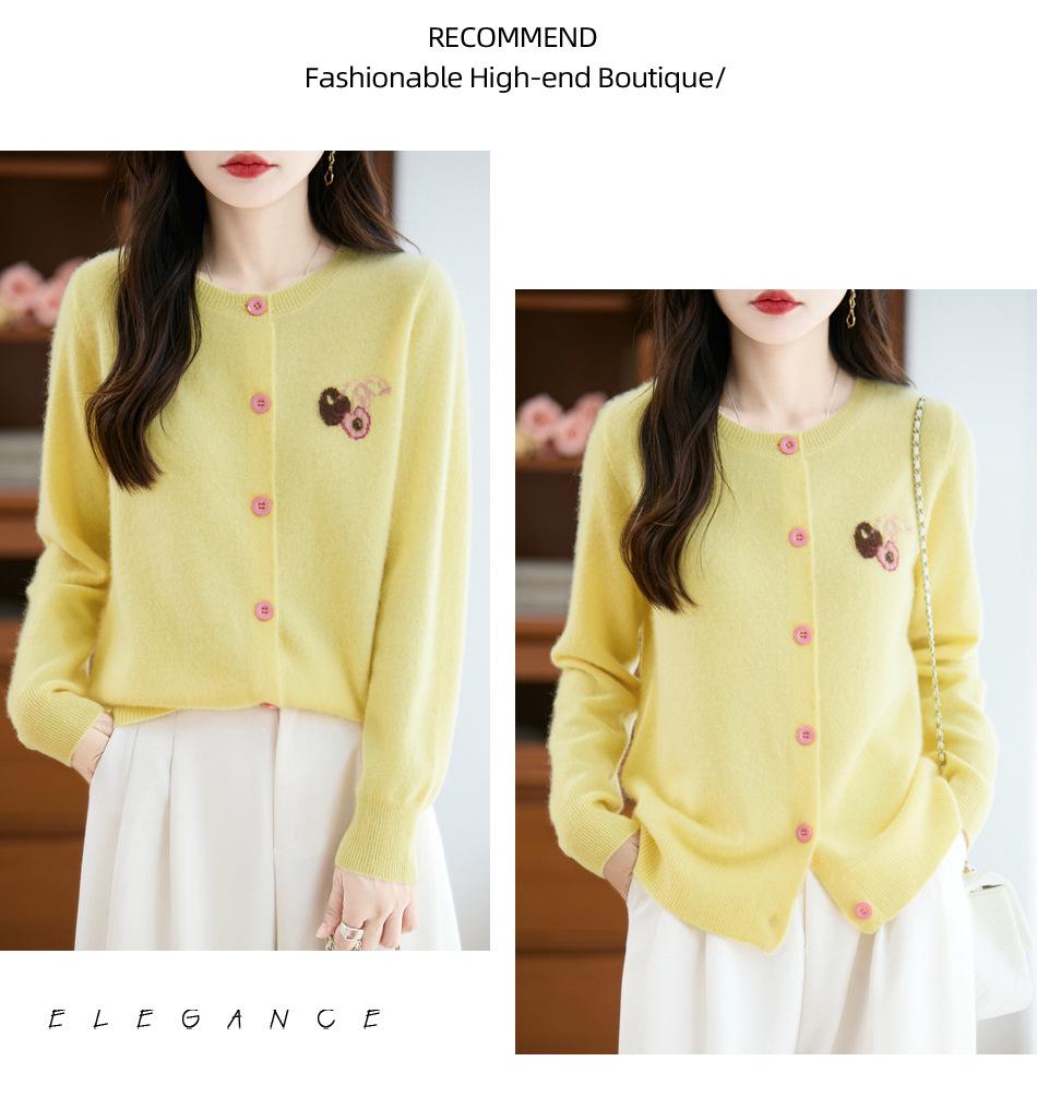 Cherry Embroidery Women's Wool Cardigan: Age-Reducing, Round Neck, Autumn/Winter Casual Knit Sweater Coat Design.