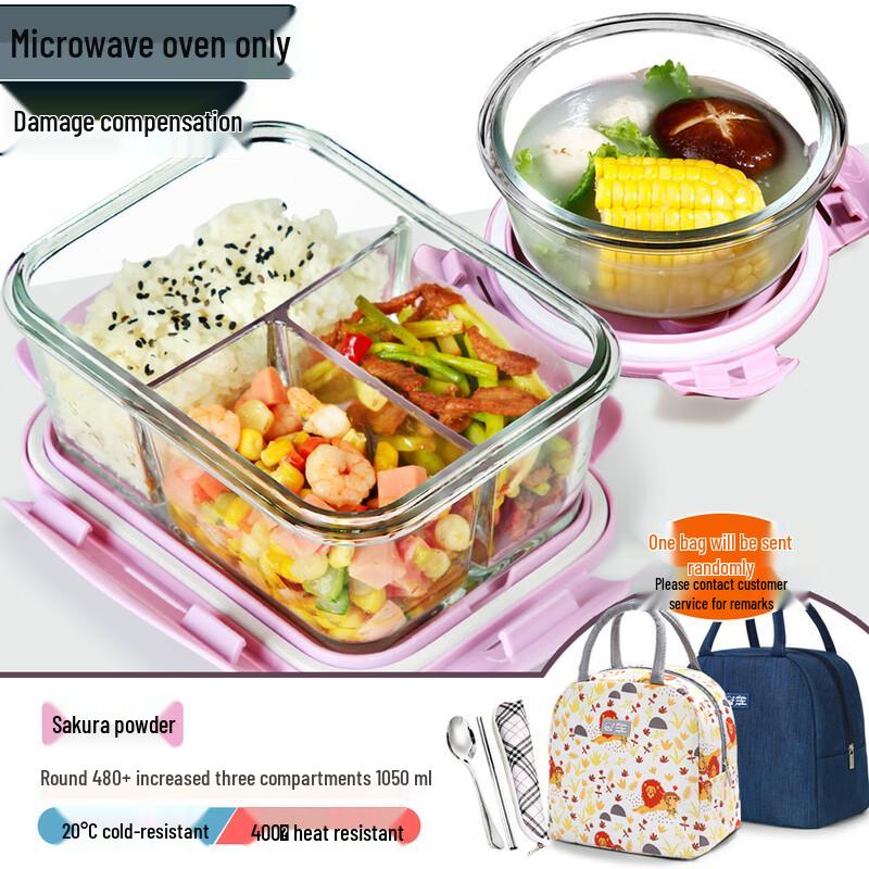 Glass Lunch Box Set with Accessories Pink 3-Compartment 1050ml Long + 480ml Round