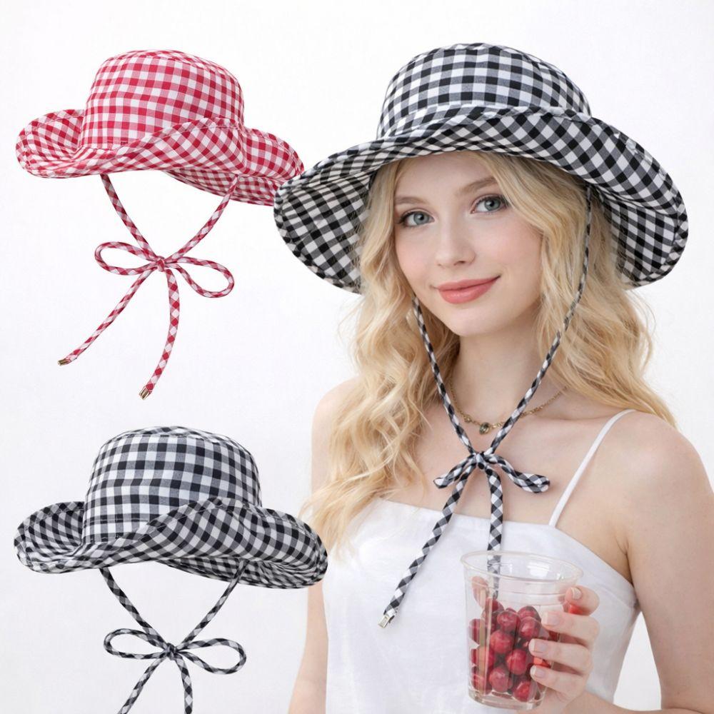 Fashion Vintage Bucket Hats Sweet Lace-up Plaids Versatile Fisherman's Hat Big Brim Sun Protection Sun Hat Summer