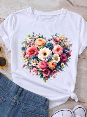 (Aziatische maat) Dames T-shirt trend liefde hart bloem Mode Print Dame Vrouwelijk Grafisch Casual Korte Mouw T-shirts Tee Top Kleding