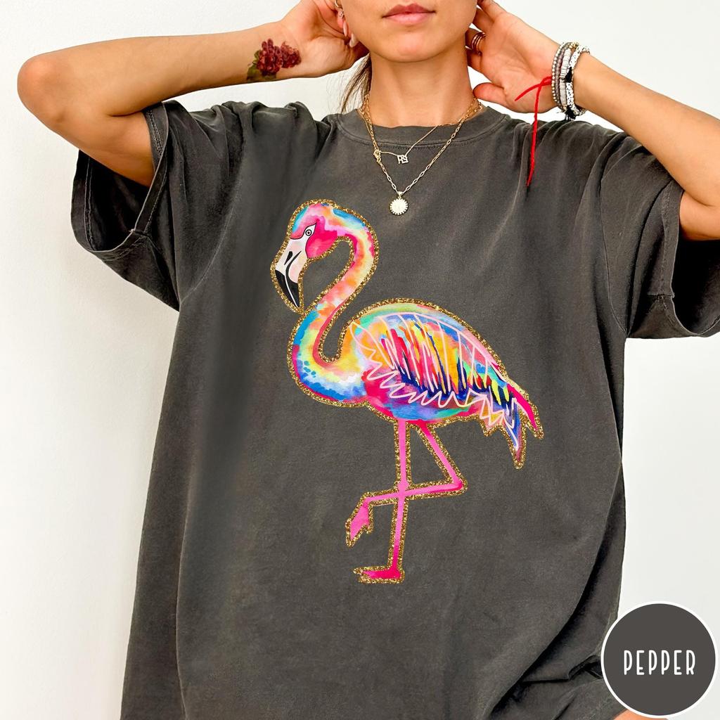 Summer Flamingo Shirt, Preppy Beach Vibes Graphic Tee, Neon Cute Flamingo Tshirt, Oversized Tropical Summer Aesthetic Shirt