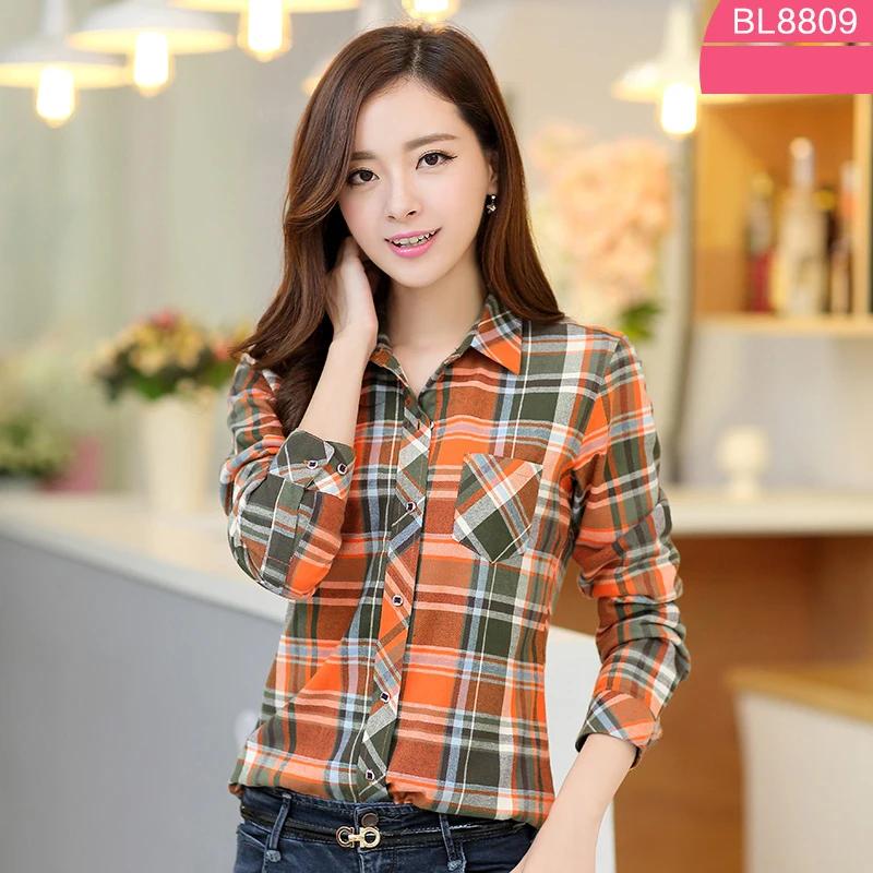 100% Cotton Women's Blouse Plaid Shirts Women's Long Sleeve Top S-5XL,Single Breaste Button Women's Shirt With Chest Pockets
