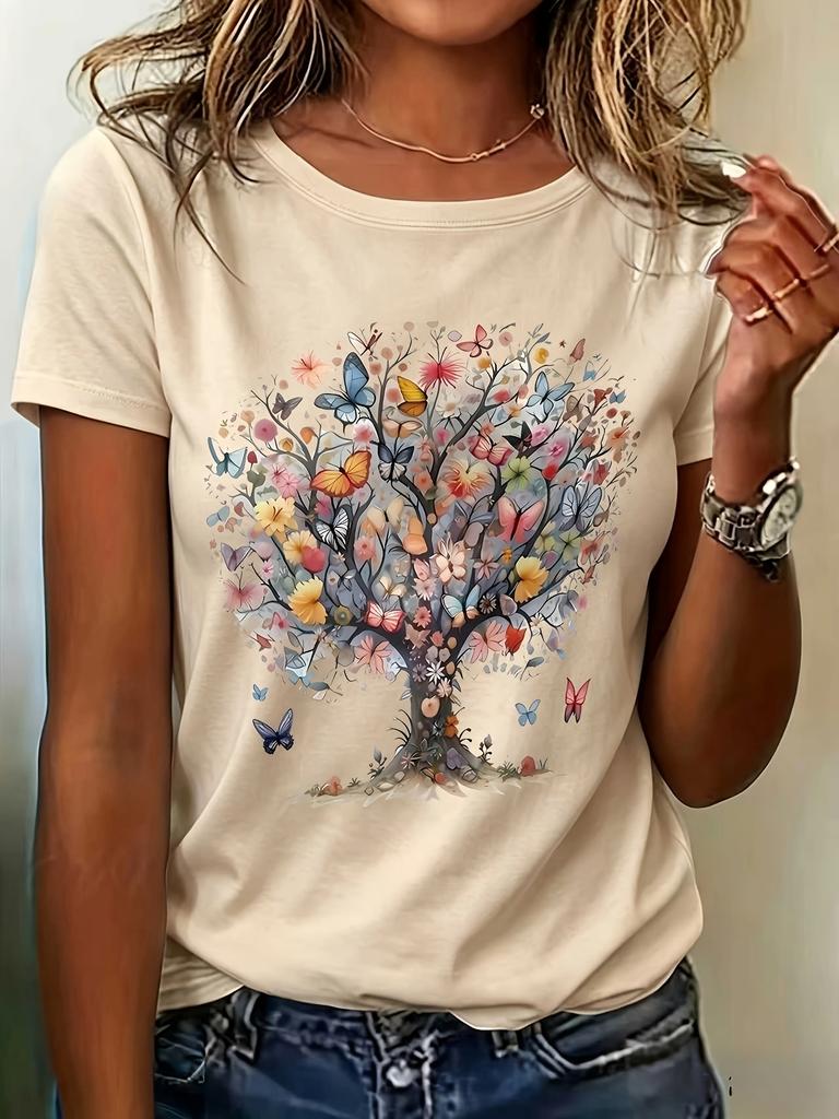 TXWomen's Multicolor Butterfly Floral Tree Print Round Neck Regular T-Shirt Spring Summer Short Sleeve T Shirt Vintage Clothes 90s