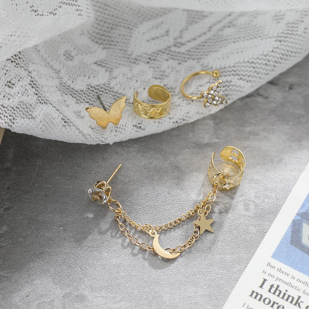 Boucles d'oreilles tempérament assorties pour femmes Rétro Papillon Chaîne Pendentif Clip d'oreille à l'os de l'oreille Boucles d'oreilles asymétriques en strass