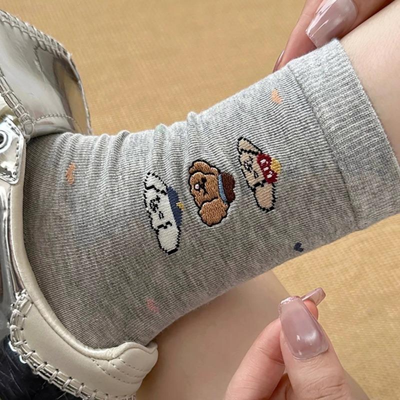 Little Dog Embroidered Socks, Pure Cotton Mid-calf Socks for Women, Boneless Anti-poughing, Cute Cartoon Pile Socks