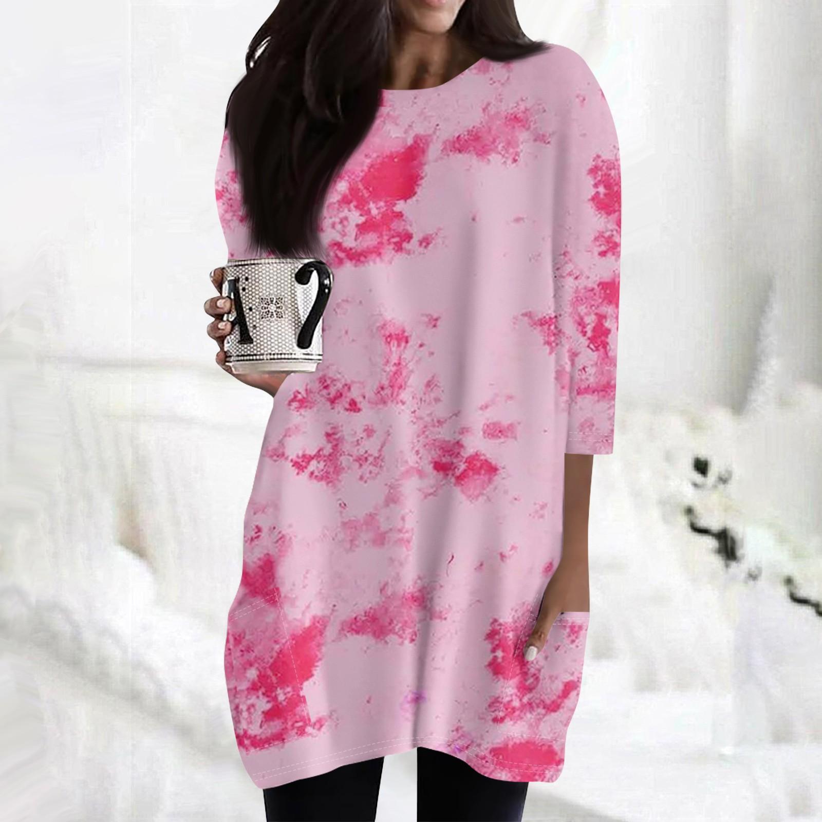 

Женские повседневные рубашки с рукавами 3/4, модные туники с принтом, топы с карманами S розовый