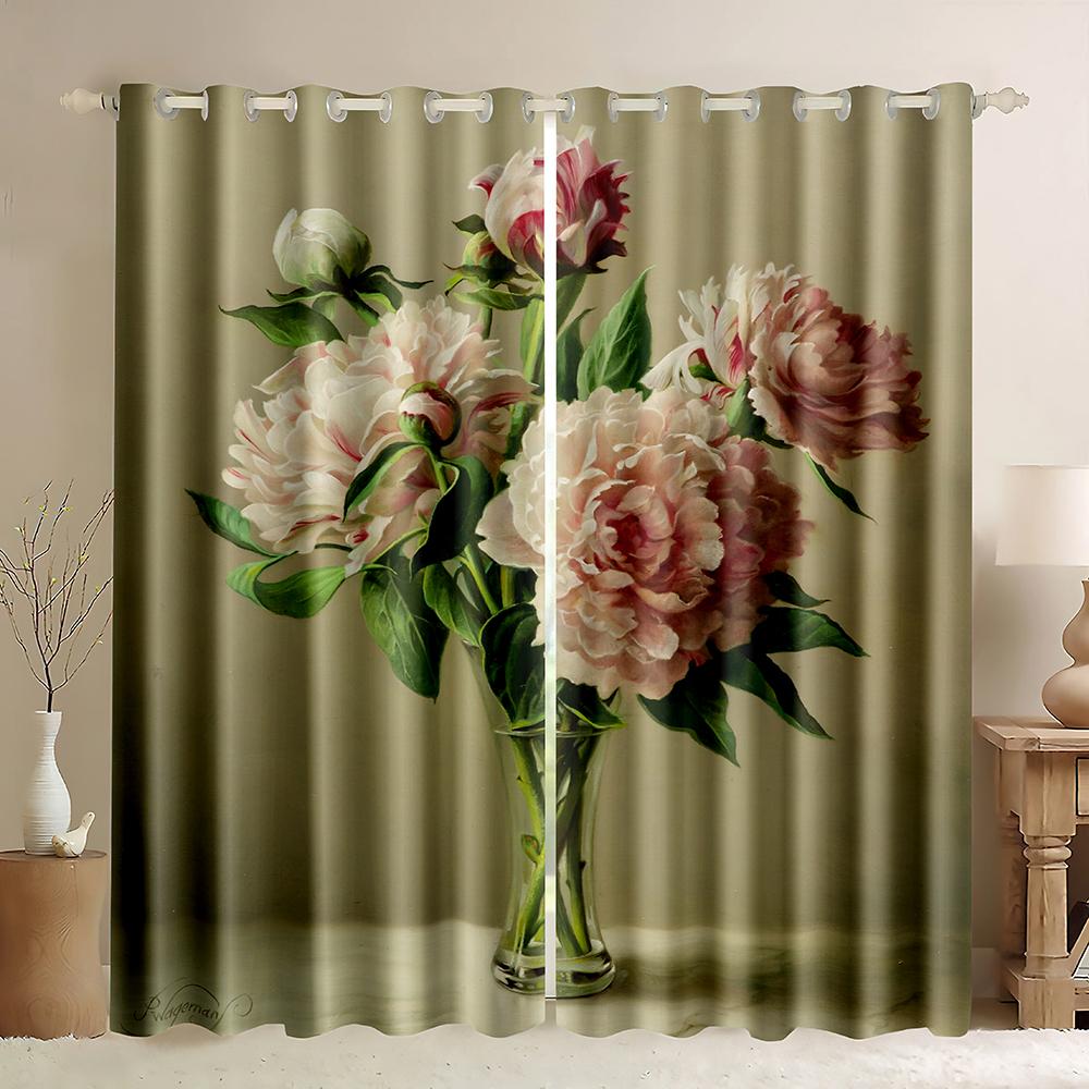 Oil Painting Floral Thick Blackout Window Curtains,Pink Rose Colorful Flowers Curtain Printed,Romantic Floral Window Curtains