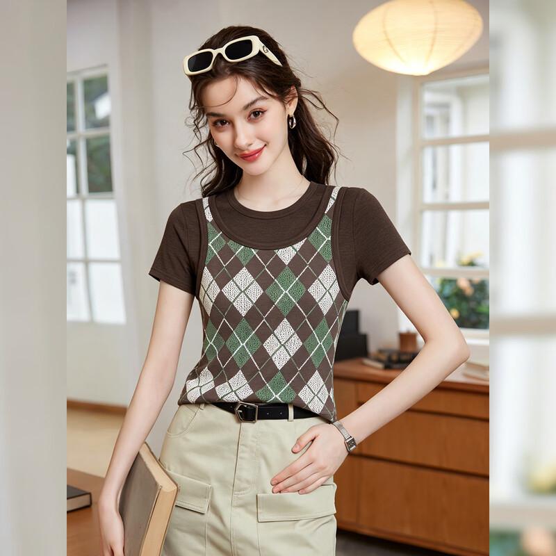 Bailuyu Vintage Argyle Faux Two-Piece Knitted T-Shirt XL