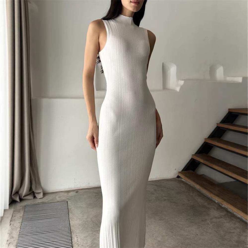 Women's European American Style Sleeveless High Neck Bodycon Dress - Waist-Cinching & Hip-Hugging for Spring/Summer