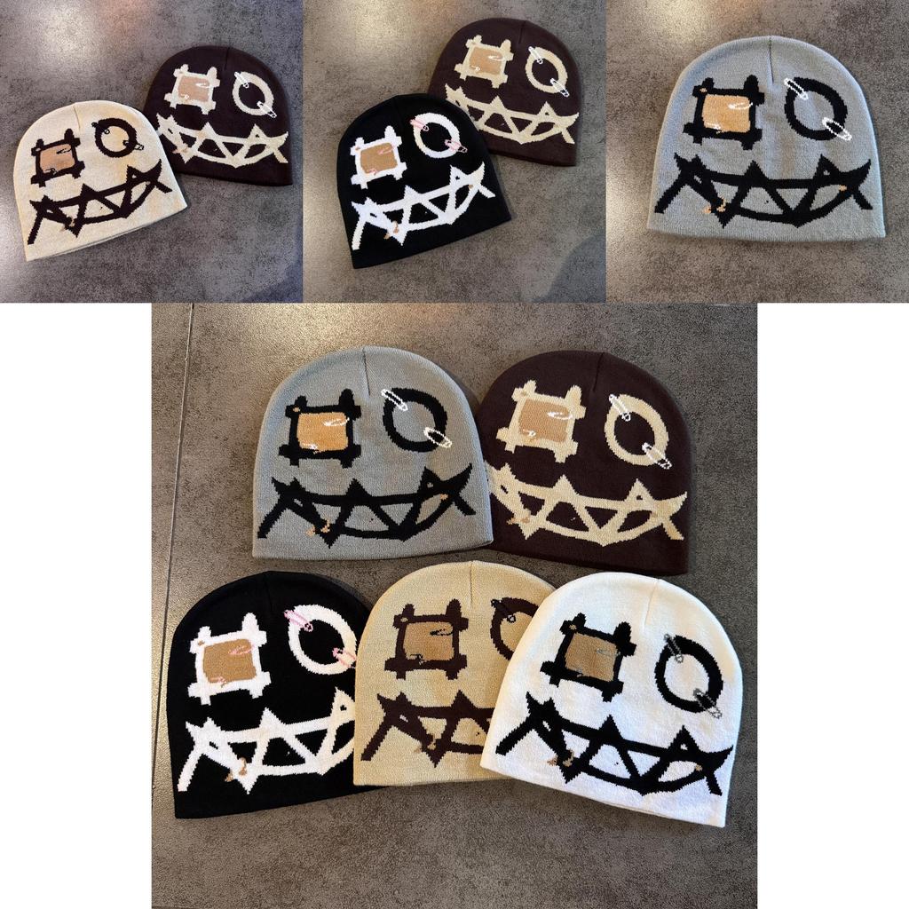 Knit Beanie With Demon Face Embroidery For Halloween And Winter Warmth
