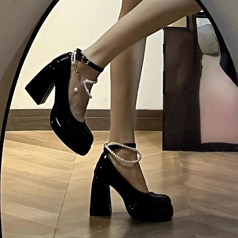 

Thick Soled High Heels 2024 Spring Autumn New French Waterproof Platform Mary Jane Single Button Thick Heel Women s Single Shoes 35 чорний