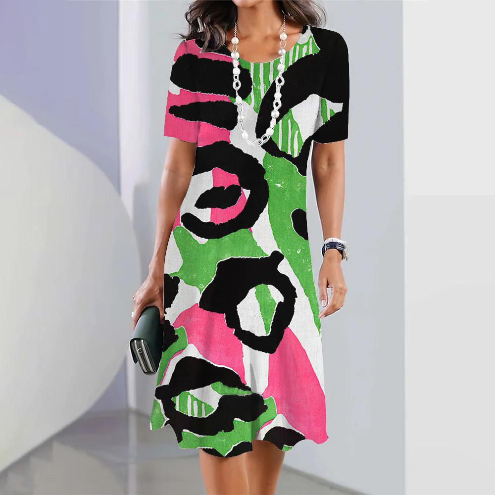 Summer Women's Fashion Round Neck Short-sleeved A-line Dress 3d Colorful Printing Casual Loose Dress