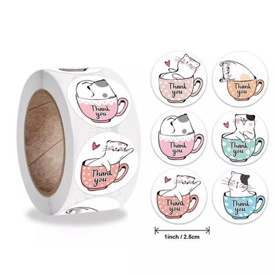 Niedliche Cartoon-Katze-Dankeschön-Aufkleber-Set, 500 Stück/Rolle, 2,5 cm, selbstklebend, zum Backen, Tagebuch, Geschenk, Dekoration