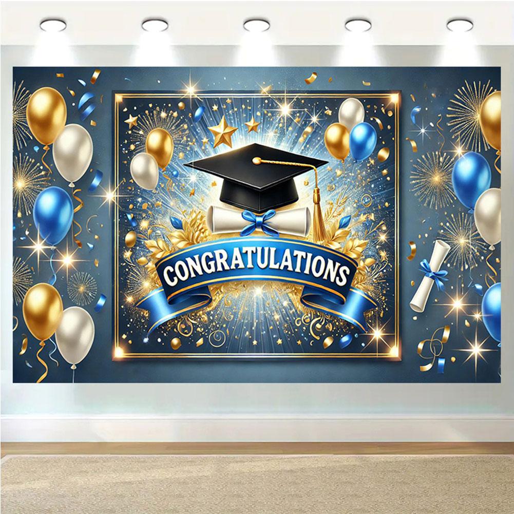 Resistente all'usura Congratulazioni Laureato Sfondo per Foto 8x6 piedi Poliestere 100D Colorato Stendardo con Cappello da Laurea per Feste Indoor Outdoor