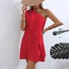 Spring Summer Women Loose Slanted Shoulder Single Sleeve Dresses High Waist Loose Solid Color Sleeveless Mid Length Fake Two Dress S-XL