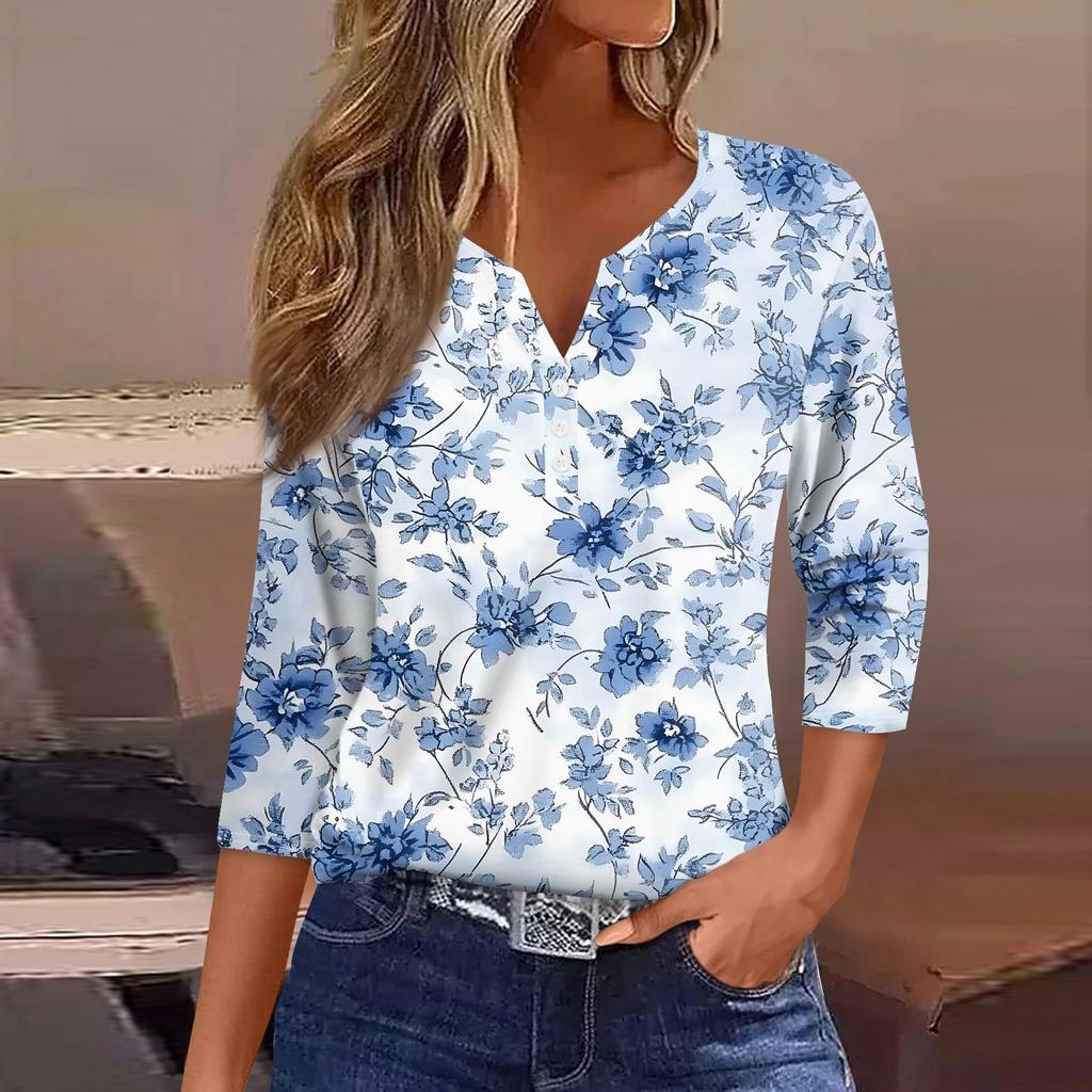 Damen T-Shirt mit Aufdruck, Knopfleiste, 3/4-Ärmel, für den Alltag, Wochenendmode, Basic, V-Ausschnitt, normales Oberteil