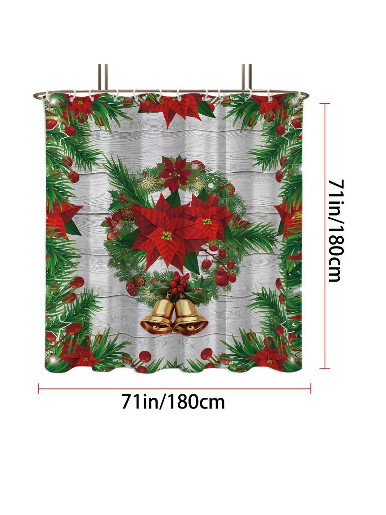 1pc Christmas Bell Print Waterproof Shower Curtain Bathe Curtains Partition Multiple Sizes 12 Hooks Privacy Protection