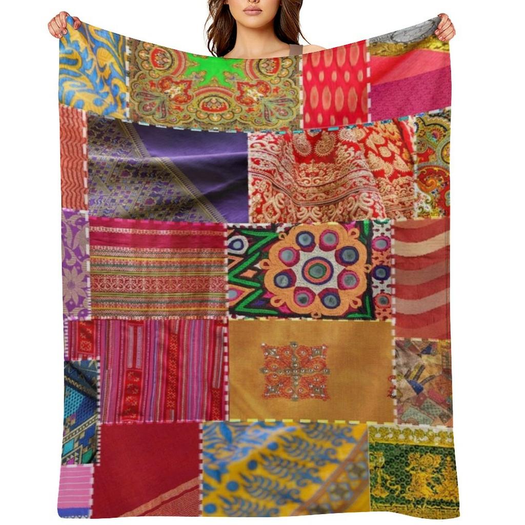 Boho Art Sari Patchwork Quilt Throw Blanket Nap Designers Bed Linens Weighted Blankets