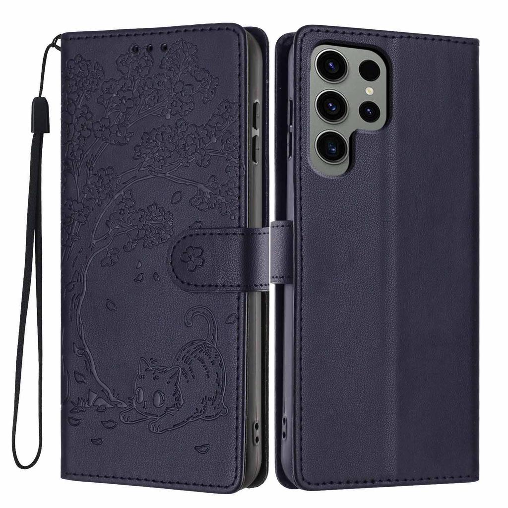 For Samsung Galaxy S24 Ultra Stand Case Tree-and-Cat Pattern PU Leather Wallet Protective Phone Cover with Wrist Strap