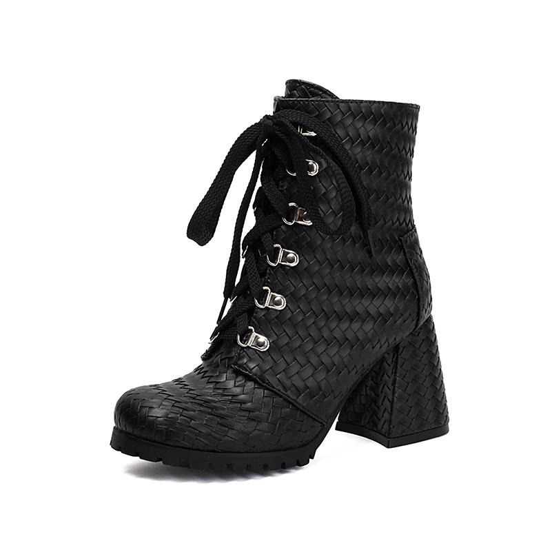 

Plus Size Woven Style Microfiber Upper Cross Tie Straps Side Zipper Short Tube Boots Tapered Thick Heel Autumn Ankle Boots 39 чёрный
