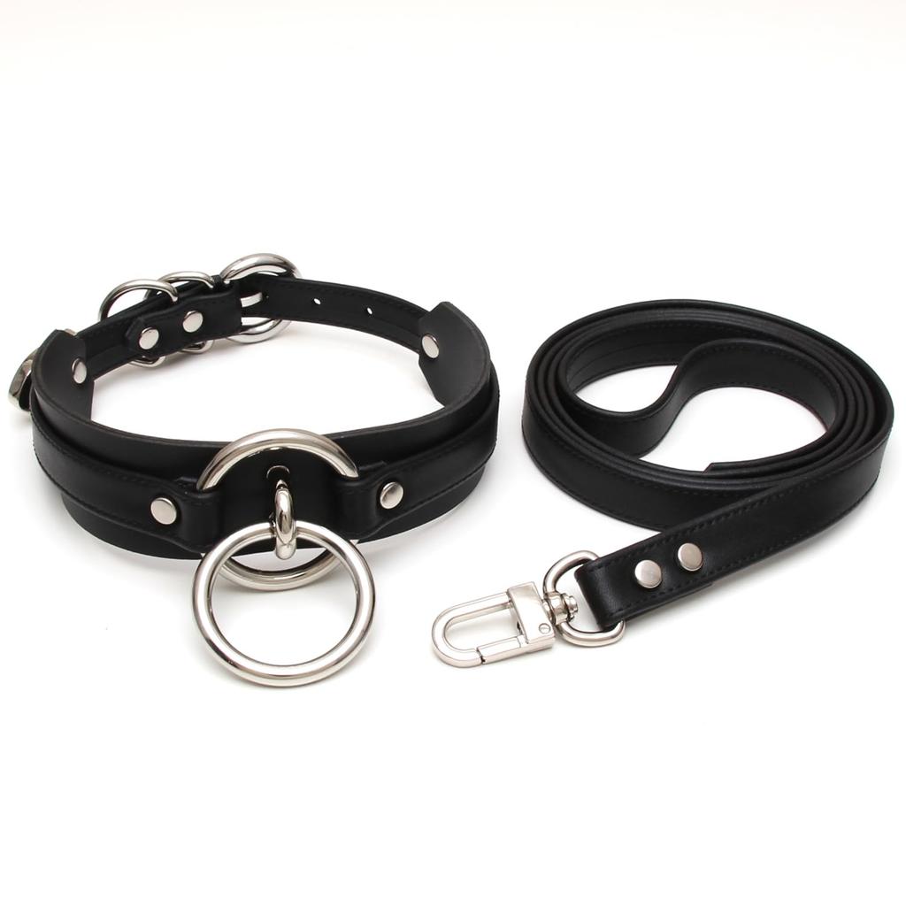 Choker Ring Collar PU Leather Black Silver [lalatia] Women's (Black & + Leash)