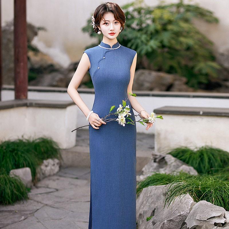 Elegant Blue Modern Cheongsam Dress Women Long Sleeveless Retro Style 2026 Small