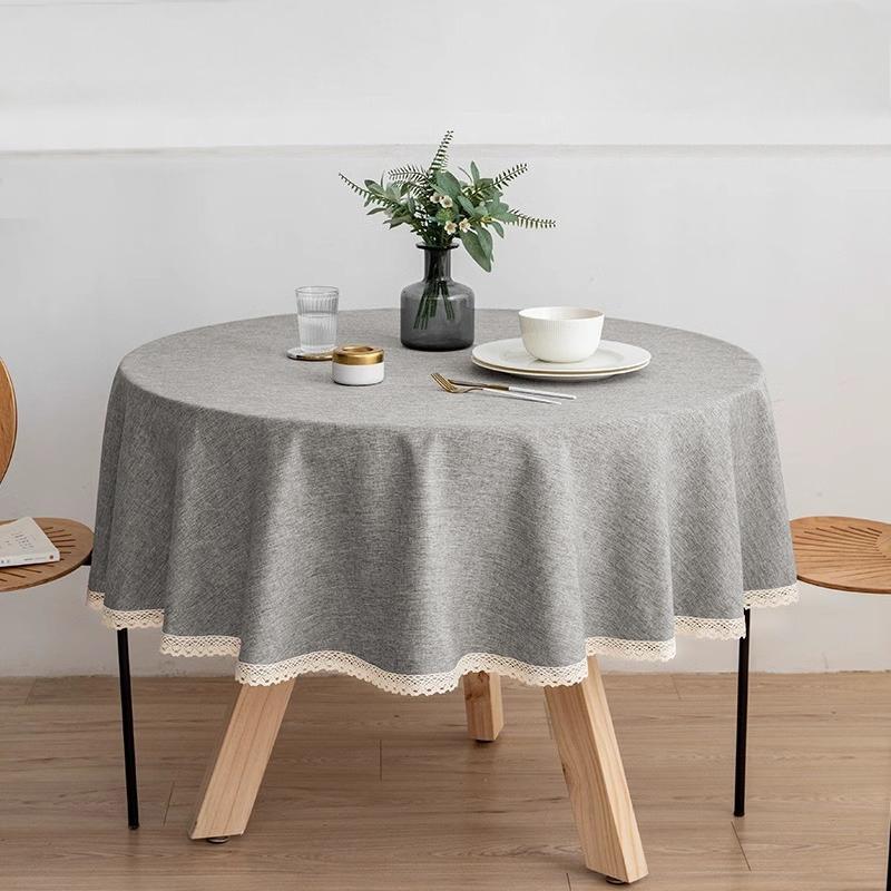 Round Solid Color Dining Table Cloth French Lace Cotton Linen Waterproof and Oil Proof Hotel Restaurant Tablecloth Decoration