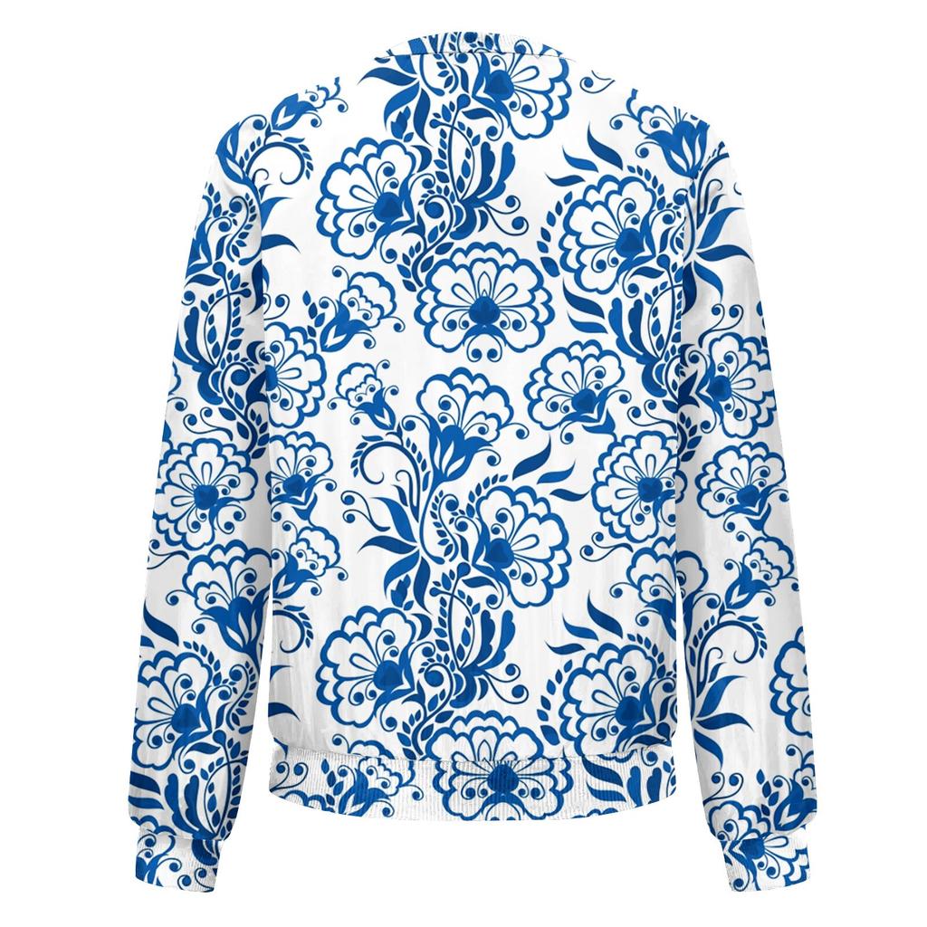 Giacca da donna con cerniera, collo rotondo, stampa floreale/foglia, casual alla moda, a maniche lunghe