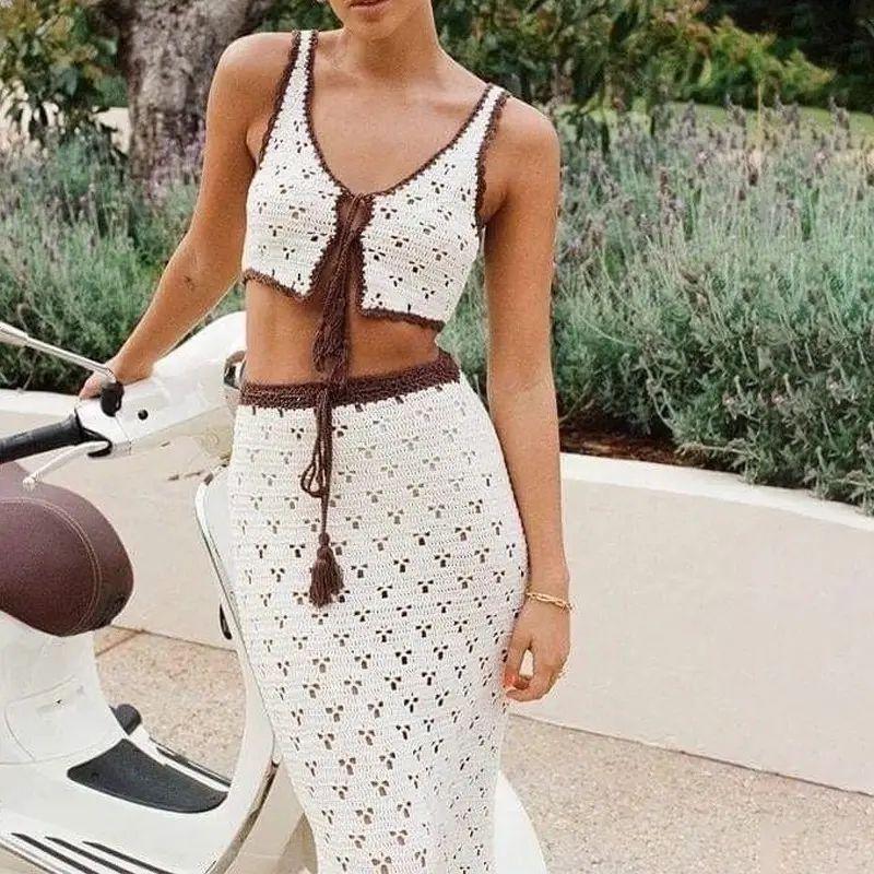 

European and American Seaside Sling Long dress Set Knitted Sexy Cut-out Dress Sexy Top and Skirt Set Image color L