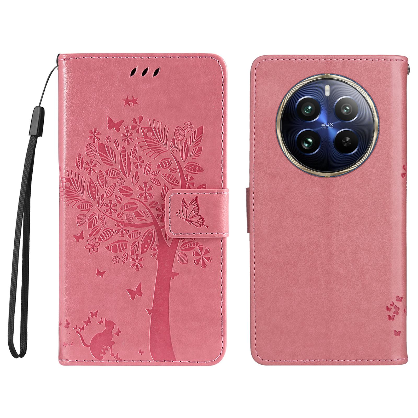 

For Realme 13 Pro 5G (Global)/13 Pro+ 5G (Global)/P1 Pro 5G/12 Pro 5G/12 Pro+ 5G Case Cat Tree Pattern Leather Phone Cover Pink