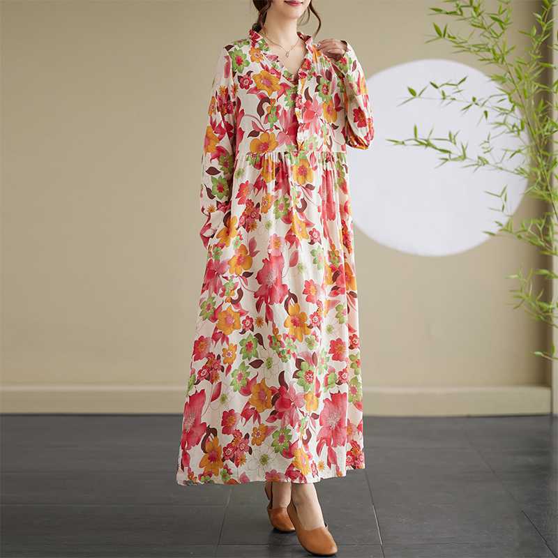 New Printed Loose Lace Long Sleeve Swing Long Dress