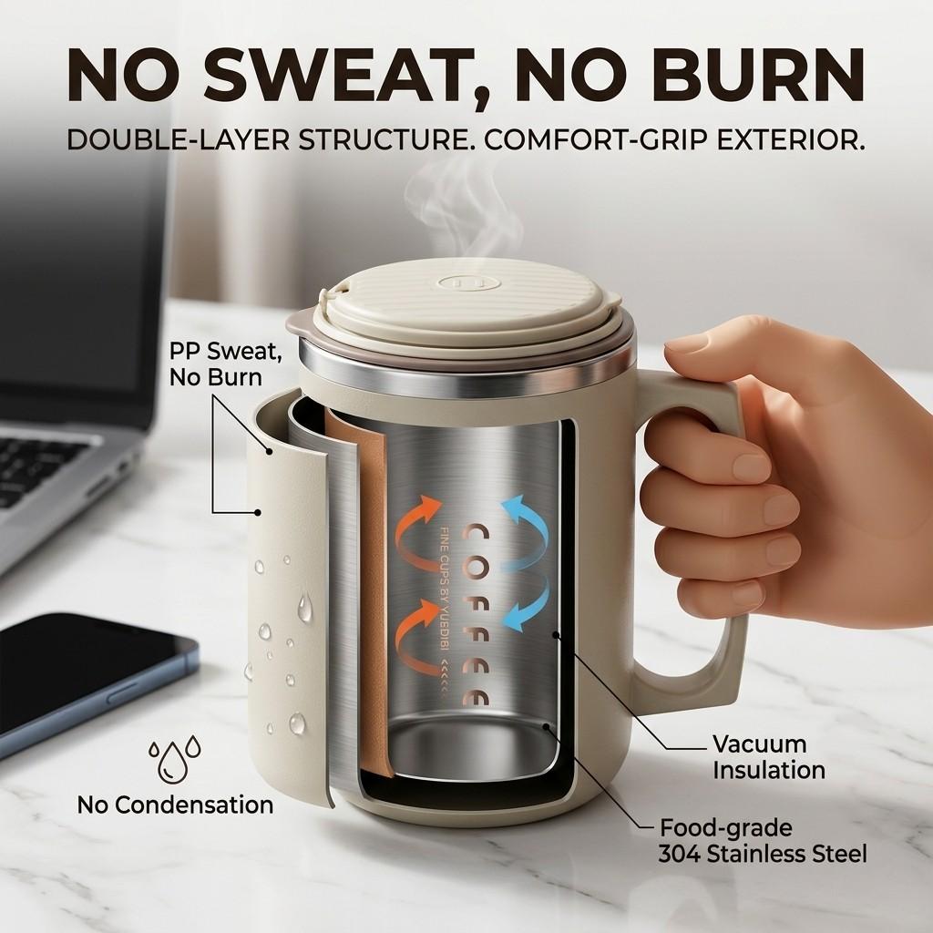 Thermal Coffee Mug Travel Tumbler 304 Stainless Steel Insulated Cup Leakproof with Handle Straw Lid Folding Spoon Portable