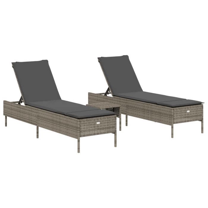 VidaXL Ensemble de chaises longues avec coussins 3 pcs gris poly rotin, transat, lit de repos de jardin, meuble d'extérieur, 3284265