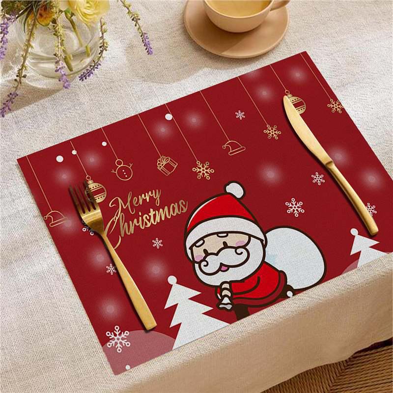 Nordic Christmas Santa Elk Linen Placemat Square, Festive Restaurant Table Decoration