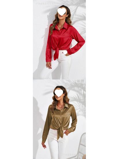 European & American Women's Long Sleeve Satin-Cotton Shirt - Solid Color, Spring & Autumn Bestseller