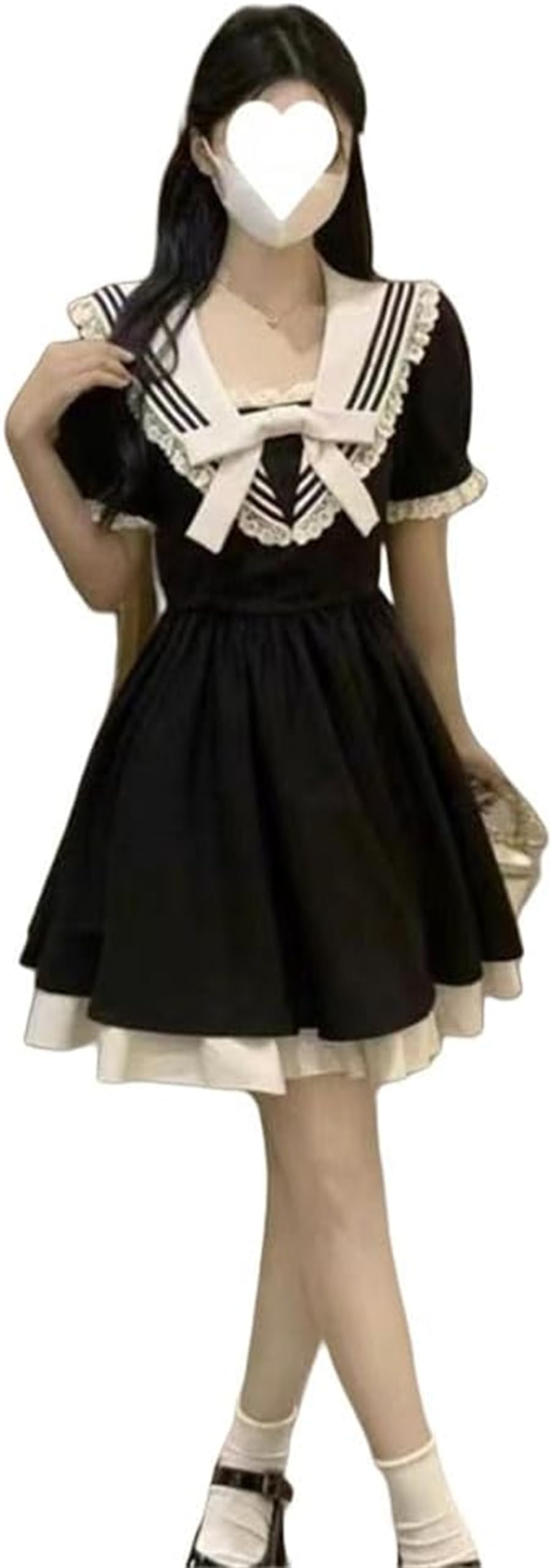 

Платье с матросским воротником, кружевом и коротким мини, в милом стиле принцессы-лолиты, идеально подходящее для школьниц и [SDSXZWG] для женщин, с лентой, чёрный