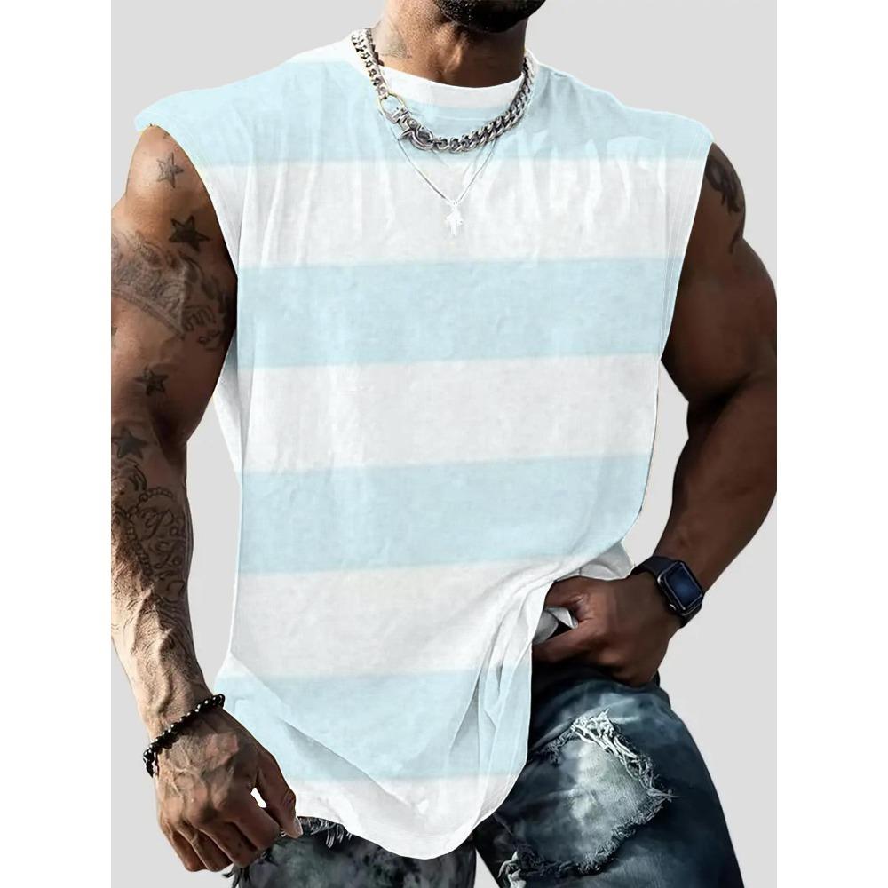 [Printed Design - Not Textured] Gradient Coconut Tree Print Men's Sleeveless Tank Top, Summer Beach Style Loose Fit Casual Fitness Vest, PLUS SIZE