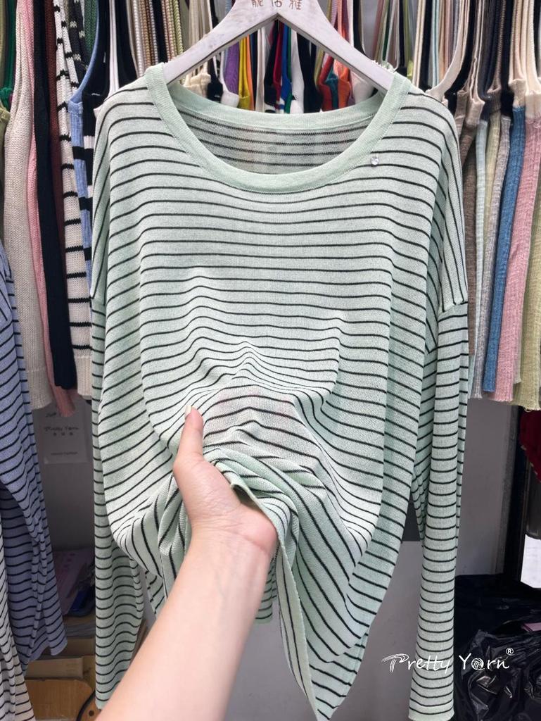 Relaxed Lightweight Summer Striped Knitwear: Women's Long Sleeve Loose Sun Protection Pullover Top