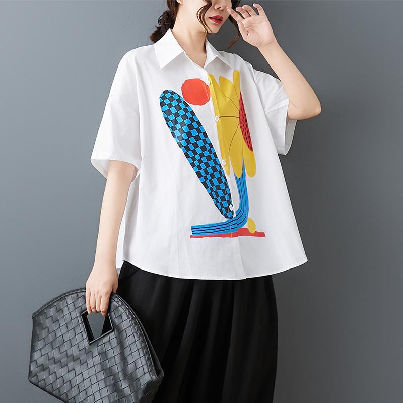 DIMANAF 2026 Plus Size New Summer Blouse Shirt Print Short Sleeve Casual Women Loose Tops Shirts Cotton