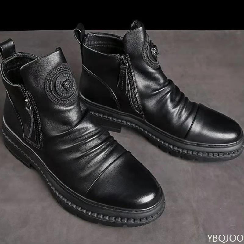 New Spring Luxury Minimalist Men Ankle Boots Fashionable Versatile High Top Shoes Zipper Retro Comfortable Men'S Boots