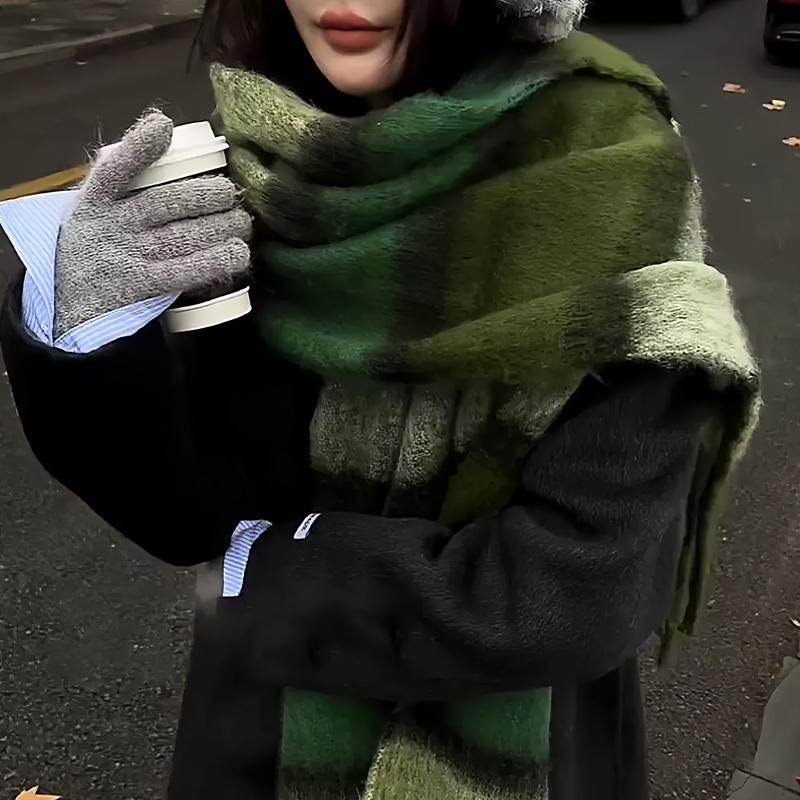 Autumn And Winter  Thickened Mohair Scarf For Women All-Match High-End Tassel Maillard Plaid Warm Neck Scarf