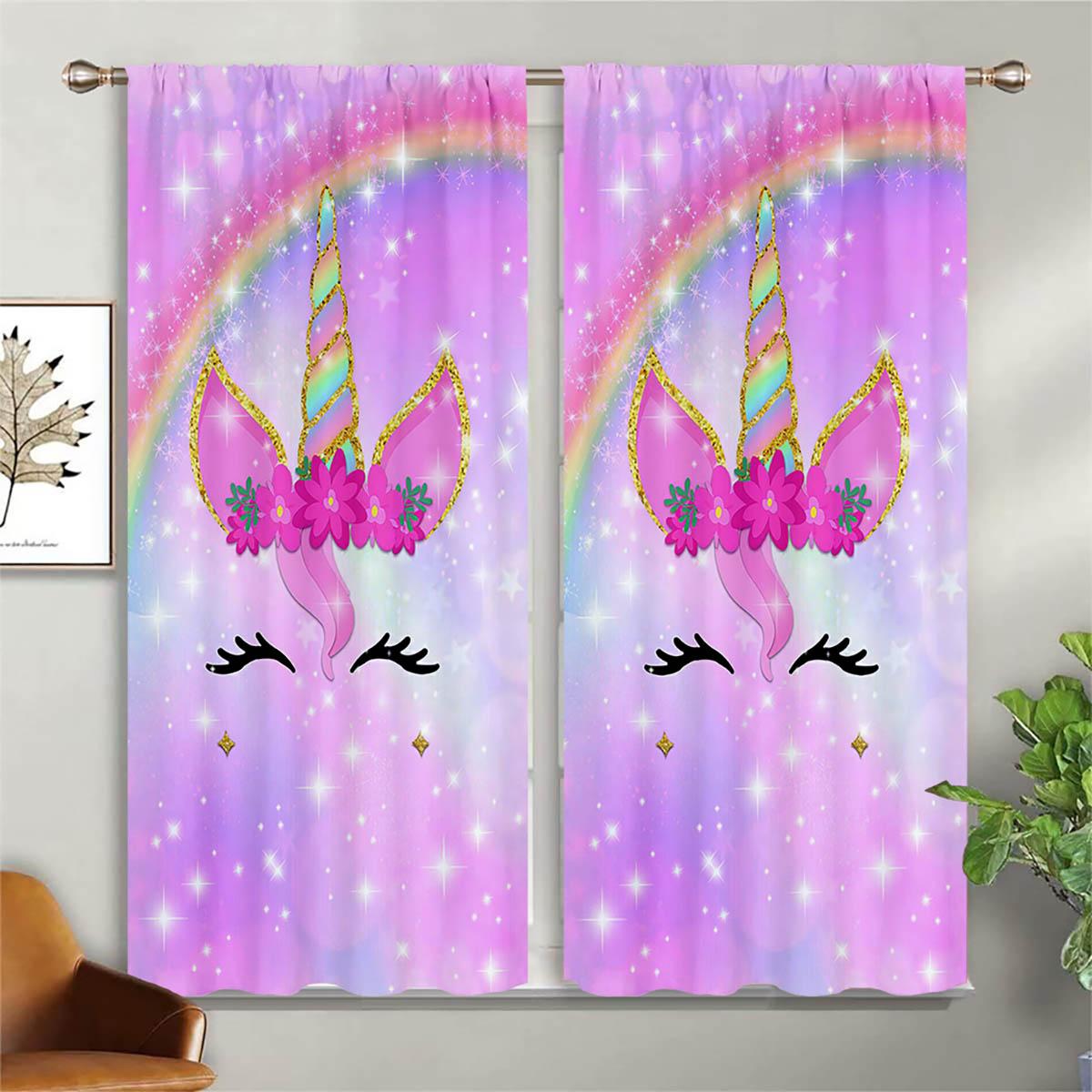 

Cute Pink Unicorn Rainbow Cartoon Print Curtains Boys And Girls Space Decoration Curtains Easy To Use To Clean And Care 2 Units W50xH130(CM)x2PCS&Rod pocket