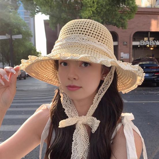 Sun Hat Windproof Large Brim Lace Trim Non-Slip Handmade Straw Hat with Straps Face Shaping Summer Beach