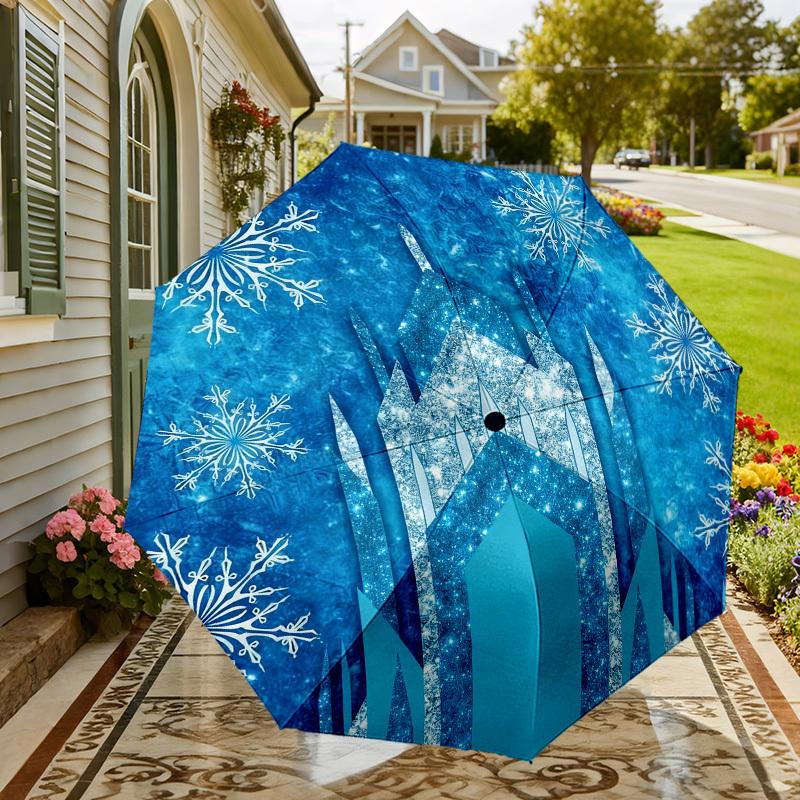 1pc Frozen Castle Snowflakes Automatic Folding Umbrella, Heavy Duty 8 Rib Iron Frame,  Suitable for Travel, Daily Use, Birthday, Decor Gift M0104006