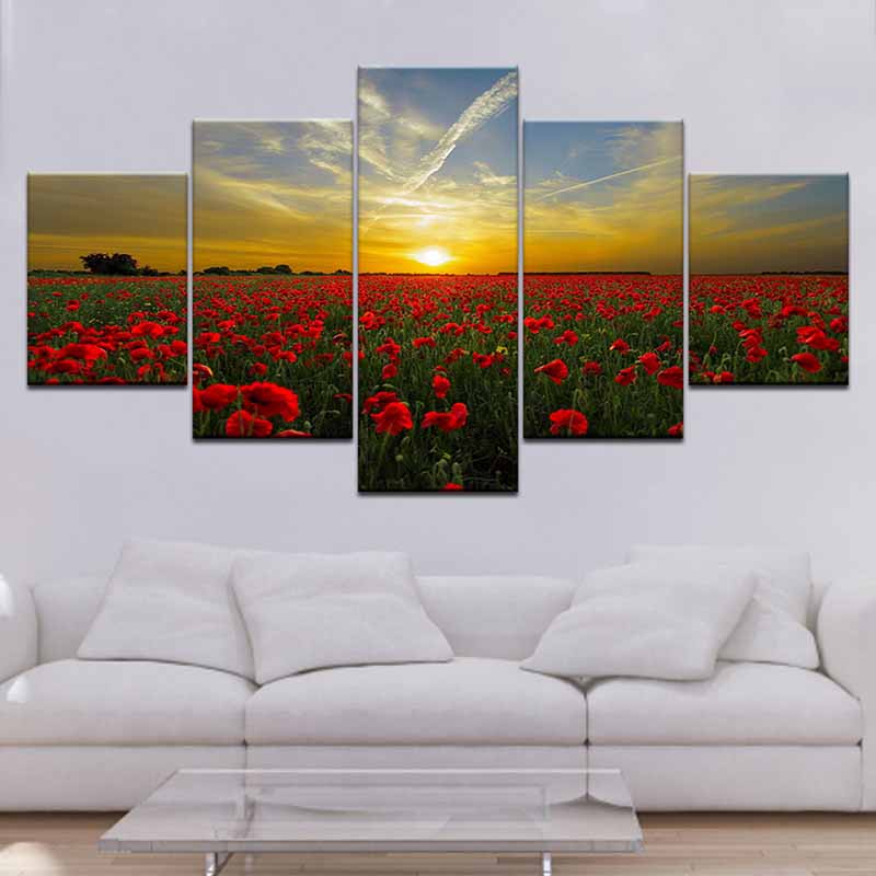 

5 шт. пейзаж мать-природа красный цветок мака холст живопись настенные художественные постеры и принты гостиная домашний декор без рамки 20x35cm*2 20x45cm*2 20x55cm*1