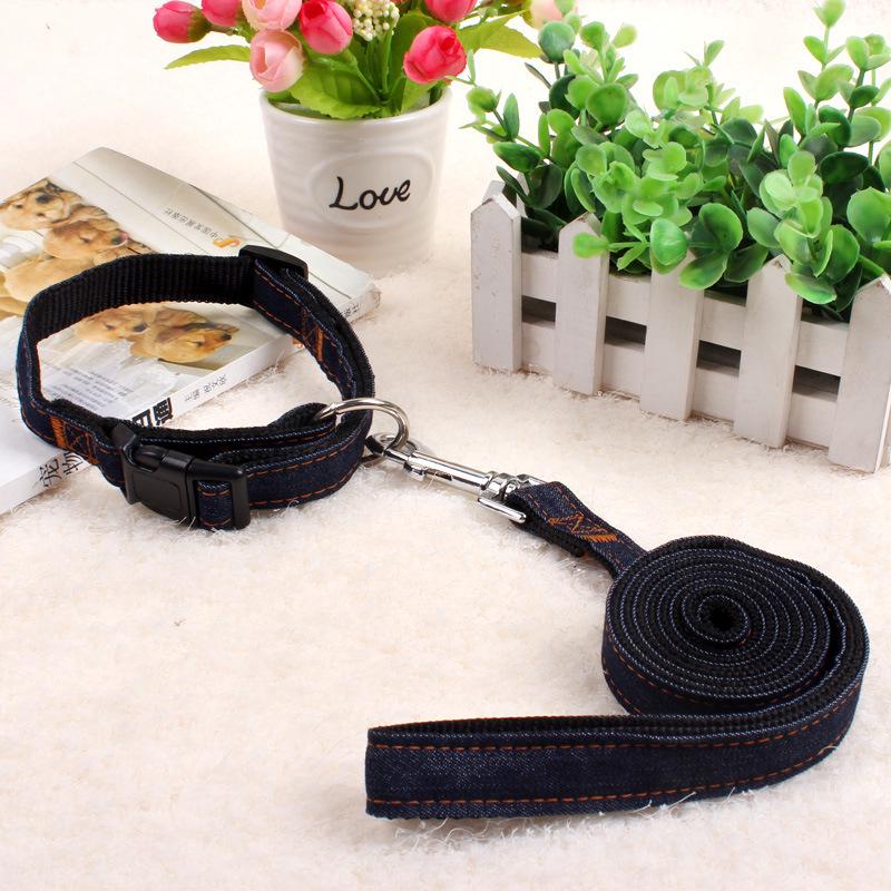 Denim-Stitched Dog Harness and Leash Set with Collar