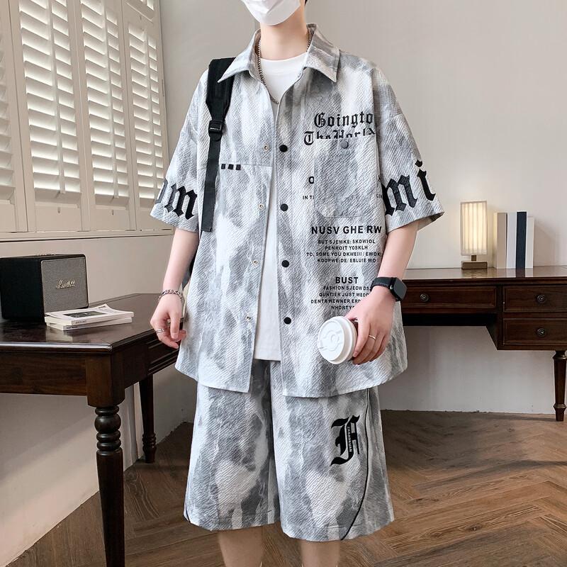 Men s Tie-Dye Letter Print Two-Piece Shirt Set 4XL